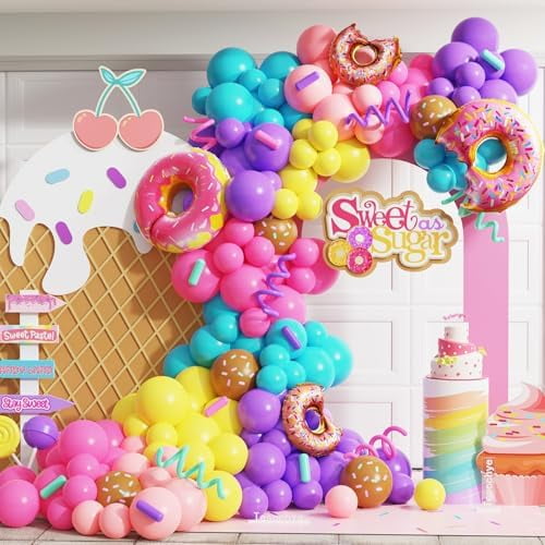 153Pcs Rainbow Donut Balloon Arch Garland Kit with Sprinkles Donut Ice Cream Lolly Foil Balloons for Girls Kids Candyland Sweet One Two Sweet Donut Grow Up Birthday Party Decorations