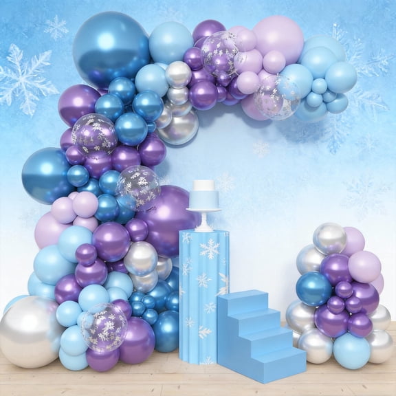 153pcs Blue Purple Balloon Garland Arch Kit, Different Sizes 18 12 10 5 inch Blue Purple Pearlescent Metallic Confetti Snow Balloons for Princess Winter Wonderland Girl Baby Party Decorations