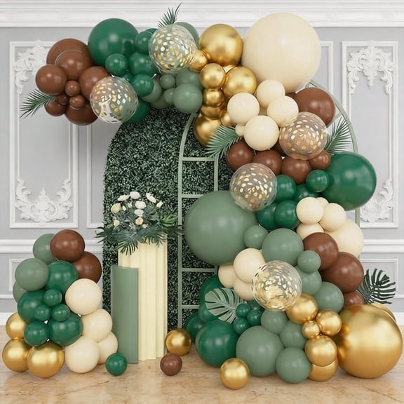 153pcs Green Brown Balloon Garland Arch Kit, Different Sizes 18 12 10 5 inch Sage Green Ivory Gold Latex Metallic Confetti Balloon for Safari Jungle Wild One Woodland Tropical Party Decoration