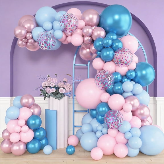 153pcs Pink Blue Balloon Garland Arch Kit, Different Sizes 18 12 10 5 inch Metallic Pink Blue Latex Confetti Balloons for Boy Girl Gender Reveal Neutral Baby Shower Birthday Party Decoration