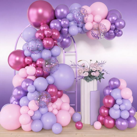 153pcs Pink Purple Balloon Garland Arch Kit, Different Sizes 18 12 10 5 inch Pink Purple Red Latex Metallic Confetti Purple Balloons for Girl Women Birthday Bridal Baby Shower Party Decoration