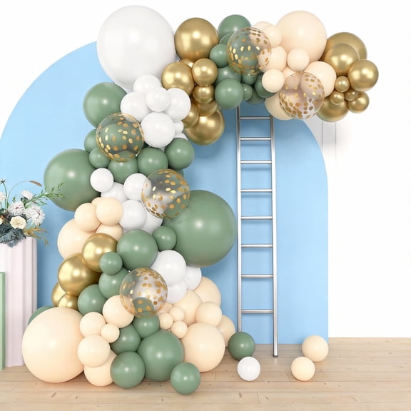 153pcs Sage Green Balloon Garland Arch Kit, Different Sizes 18 12 10 5 inch Green Blush Gold Latex Metallic Confetti Gold Balloons for Birthday Baby Shower Wedding Safari Forest Decorations