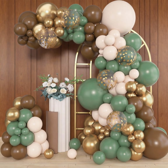 153pcs Sage Green Brown Balloon Garland Arch Kit, Different Sizes 18 12 10 5 inch Olive Green Gold Latex Metallic Confetti Balloons for Safari Jungle Woodland Birthday Baby Shower Decorations