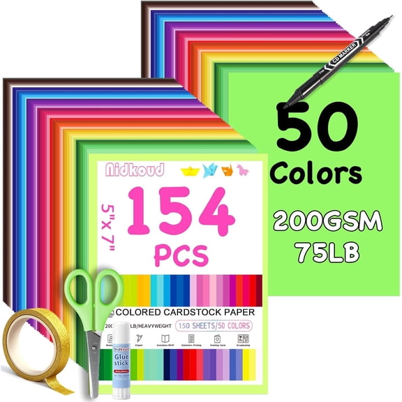 154 PCS Colorful Cardstock Paper 5" x 7", 50 Assorted Colors Heavy Construction Paper Bulk, 200GSM/75LB Rainbow Card Stock Printer Paper for Scrapbooking, Card Making, Kids School Supplies