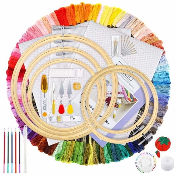 154 pieces embroidery kit, 100 colored threads, 5 pieces bamboo embroidery hoops, cross stitch tools