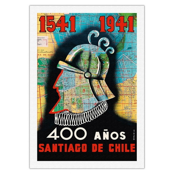 1541 to 1941 - 400 Años Santiago de Chile (400 Year Anniversary of Santiago Chile) - Conquistador - Vintage Travel Poster by O.O. Valle c.1941 - Fine Art Rolled Canvas Print 27in x 40in
