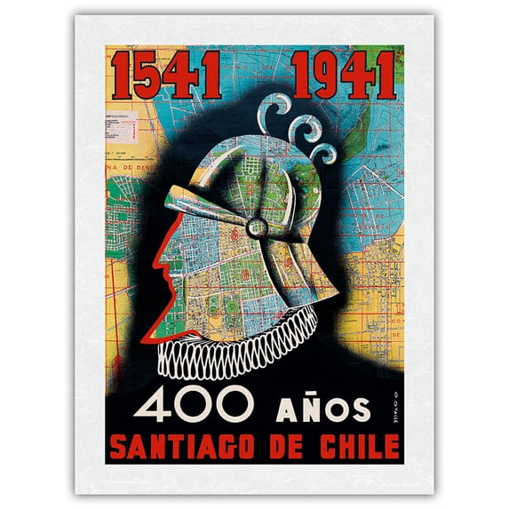 1541 to 1941-400 Años Santiago de Chile (400 Year Anniversary of Santiago Chile)-Conquistador-Vintage Travel Poster by O.O. Valle c.1941-Japanese Unryu Rice Paper Art Print (Unframed) 18 x 24 in