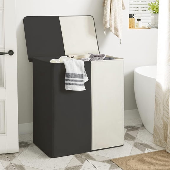 154L Black & Beige Double Laundry Basket with Lid - 2 Section Collapsible with Removable Bags for Home & Dorm