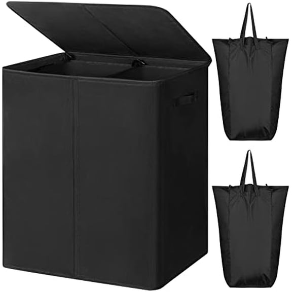 154L Double Laundry Hamper with Lid and Removable Laundry Bags, Large Dirty Clothes Hamper 2 section Collapsible Laundry Basket Dorm Room Storage for Bedroom, Bathroom, College, Black