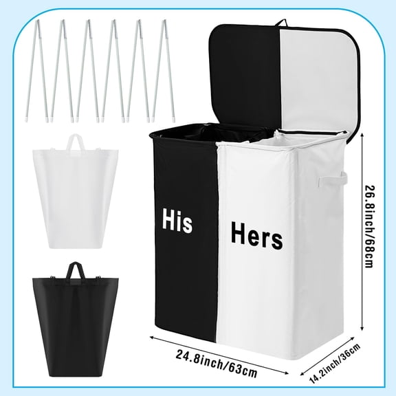 154L Large Double Laundry Hamper with Lid and Removable Bags Laundry Basket 2 Section Collapsible Dirty Clothes Hamper for Bathroom Bedroom for Husband&Wife Parents or Couple(His Hers)