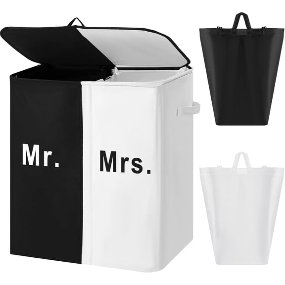 154L Large Double Laundry Hamper with Lid and Removable Bags Laundry Basket 2 Section Collapsible Dirty Clothes Hamper for Bathroom Bedroom for Husband&Wife Parents or Couple (Mr. Mrs.)