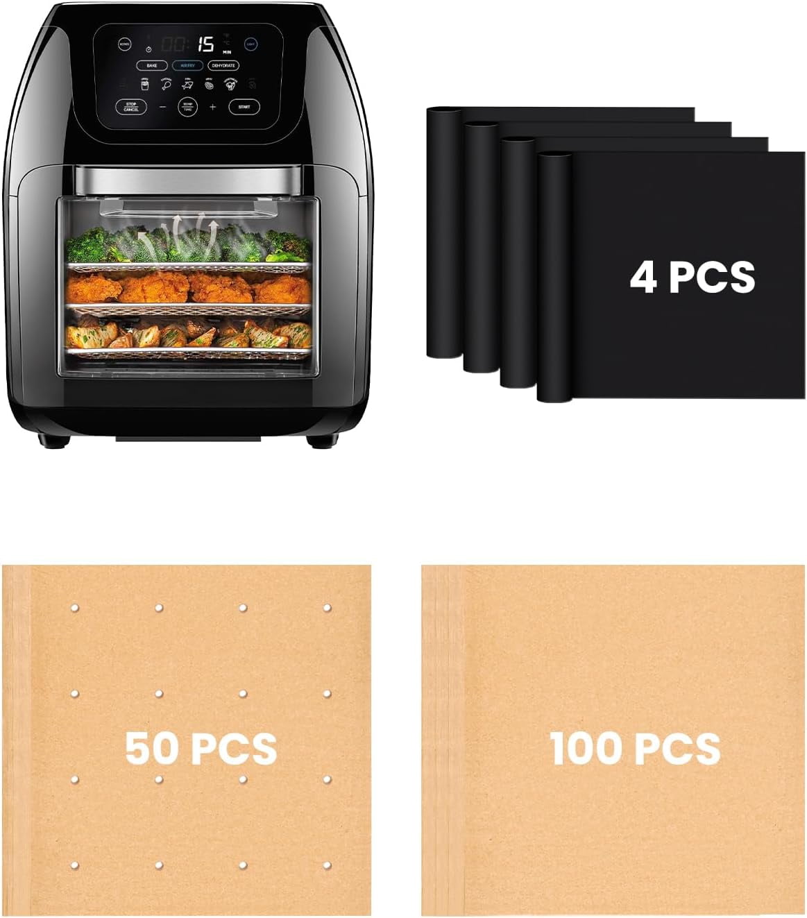154PCs Air Fryer Liners Compatible with CHEFMAN Multifunctional Digital Air Fryer 10Qt, 100PCS Parchment Paper, 50PCS Perforated Disposable Liners, 4PCS Non-Stick Teflon Baking Mats Accessories