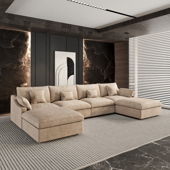 155" Oversized Modern U-Shaped Sectional Couch Set with Movable Ottomans, Modular Chenille Linen Blend Fabric Deep Seat Couches for Living Room, Apartment, Office, 4 Seat Khaki Couch