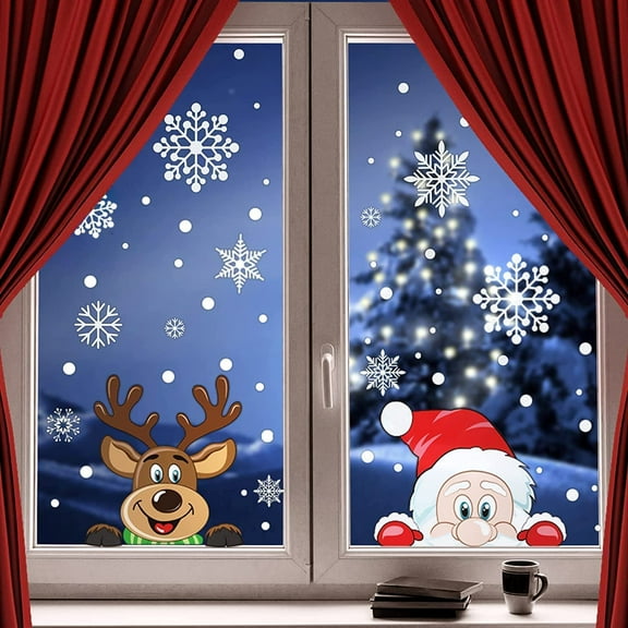 155 PCS 8 Sheet Christmas Snowflake Window Cling Stickers for Glass, Xmas Decals Decorations Holiday Snowflake Santa Claus Reindeer Decals for Party