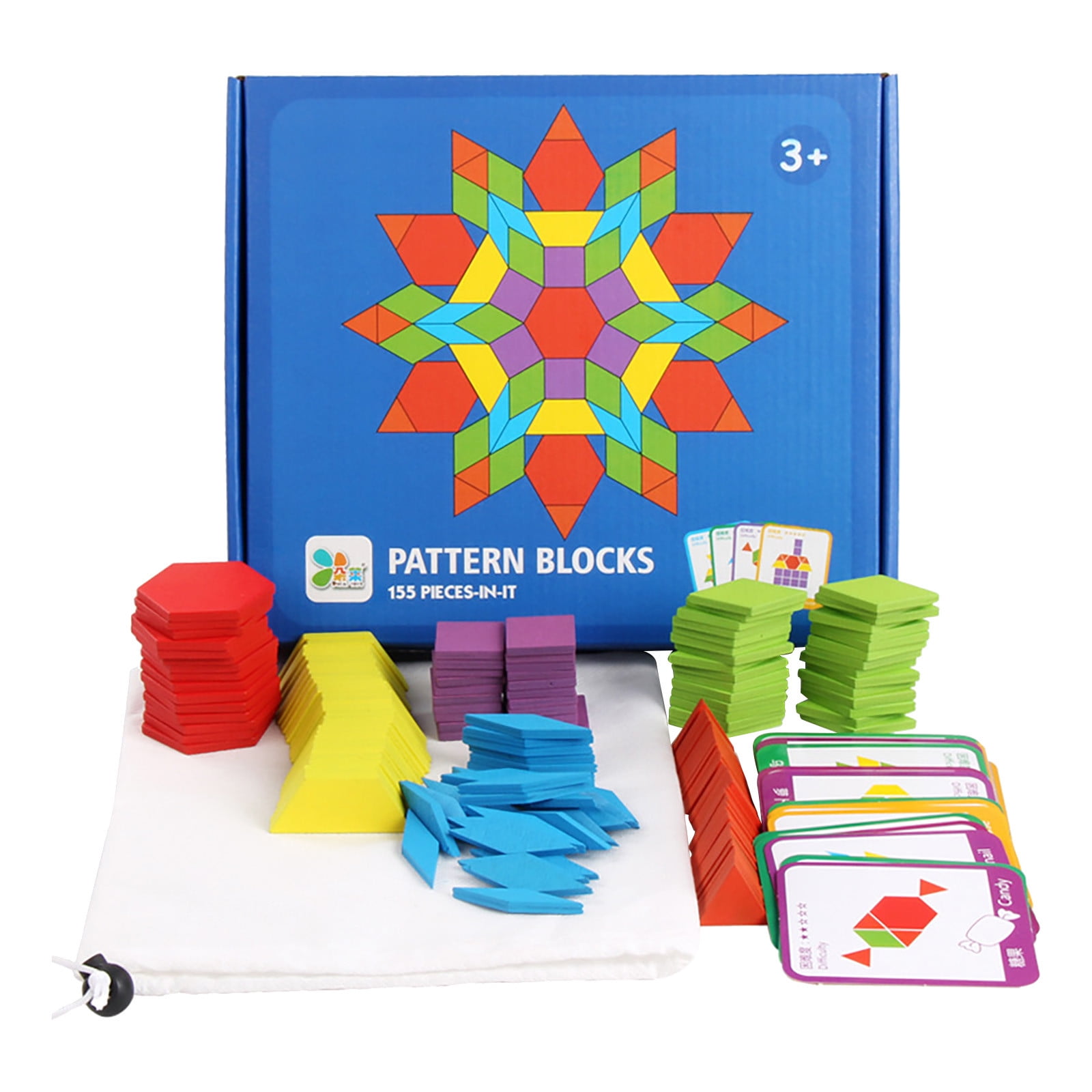 155 Pcs Wooden Pattern Blocks Set Geometric Shape Puzzle Kindergarten Classic Educational Montessori Tangram Toys for Kids Ages 4-8