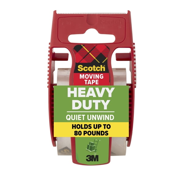 Scotch Heavy Duty Moving Packing Tape, Clear, Quiet Unwind, 1.88 in. x 22.2 yd., 1 Tape Roll with Dispenser