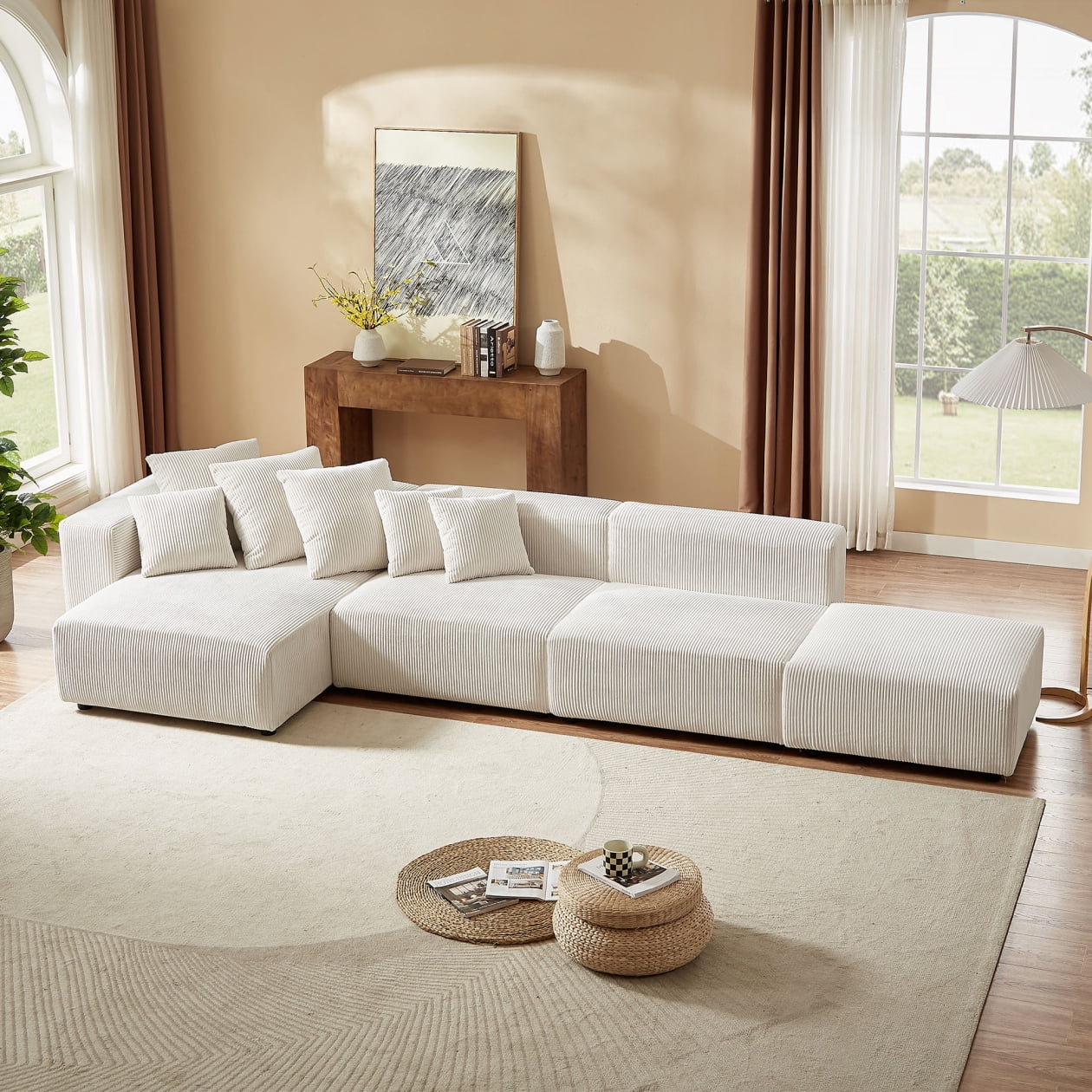 155 Sectional Modular Sofa Modern L Shaped Corduroy Upholstered Deep Seat Corner Sofa 4 Piece Set with Reversible Chaise Minimalist Style Couch for