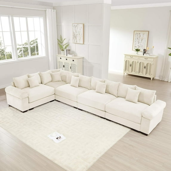 155''x79'' Oversized Cloud Modular Sectional Sofa| Convertible Corduroy L Shaped Couch|Deep Seat|Extra-Wide Armrests|Ergonomic Design|Easy Assembly|for Living Room,Office - Beige