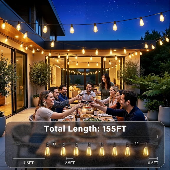 155FT Outdoor String Lights, Shatterproof Connectable Patio Lights with 60 LED Bulbs, 2200K Warm White Waterproof String Lights for Outside Backyard, Gazebo, Porch, Balcony, Bistro