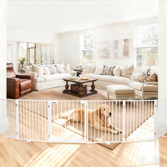 156" Extra Wide Dog Gate, Heavy Duty Metal Freestanding Dog Gate with Door for Indoor & Outdoor, Foldable Pet Fence for Doorways,House,Porch,Deck,Yard,Stairs, Auto Close(6 Panels,White)
