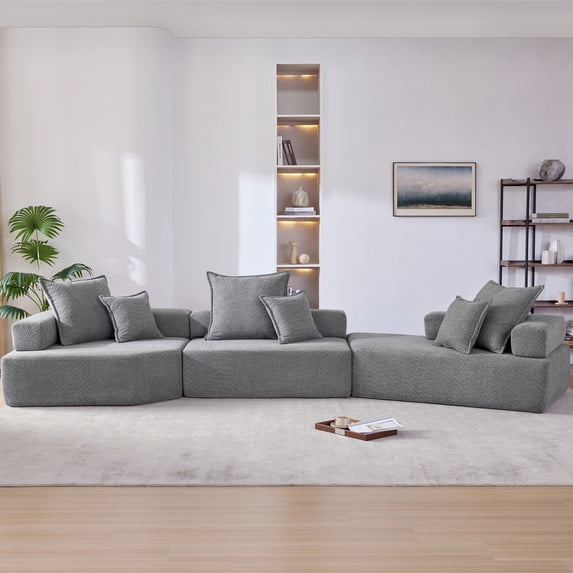 156"Modular Sectional Sofa with Square Arm&6 Pillows,Upholstered Floor Couch Set with No Wooden Frame,Modern Sectional Couches for Living Room, Apartment and Office,Gray