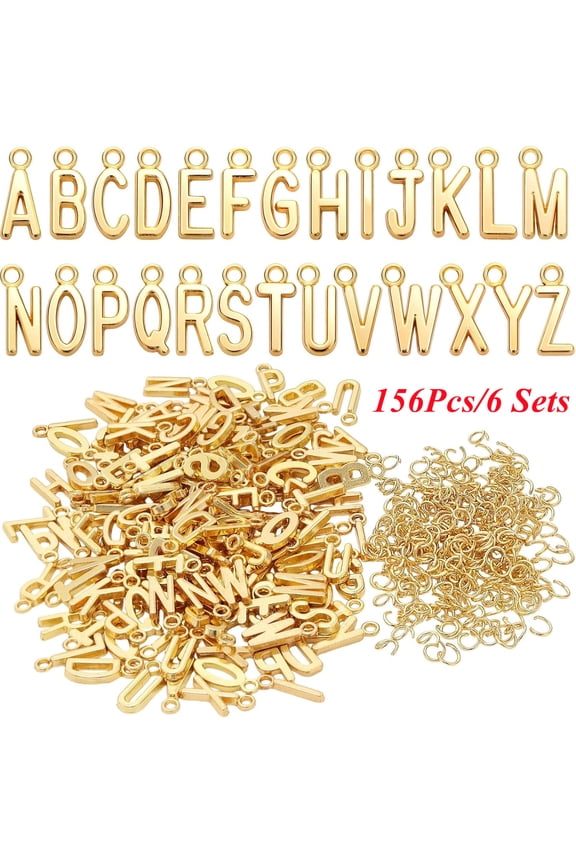 156 Pcs/6 Sets Gold ABC Alphabet Letter Charms, A-Z Metal Pendant Charms with 200 Pcs Open Jump Rings for DIY Bracelet and Necklace Jewelry Making