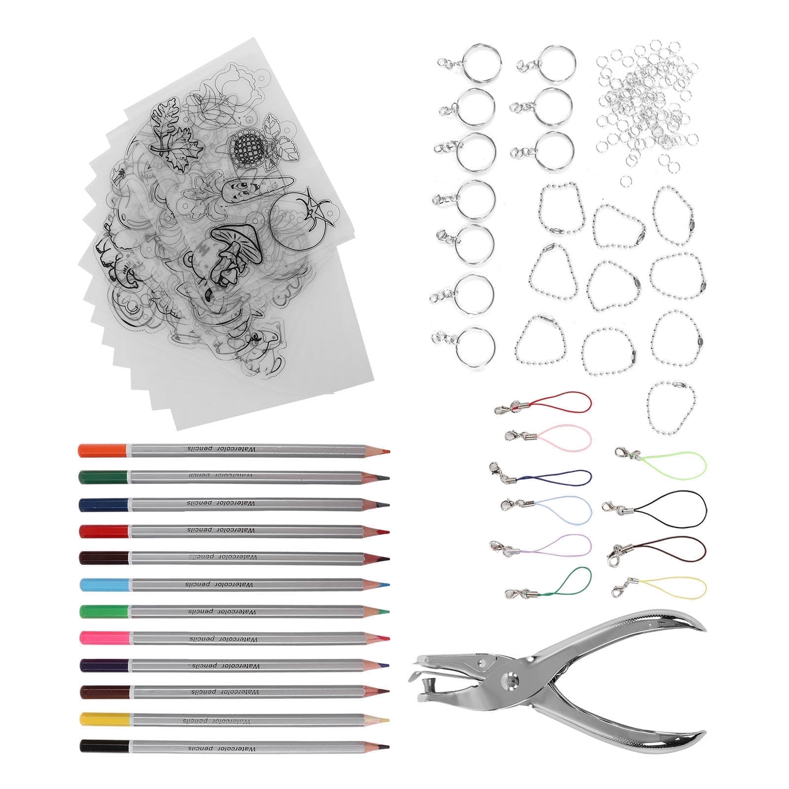 156 Pcs Heat Shrink Sheets Kits for , Including 13 Pcs Plastic Shrinky Paper Film, 130 Pcs Pendant Jewelry Keychains, Hole Punch, 12 Pcs Colored Pencils, Holiday Gift  Craft