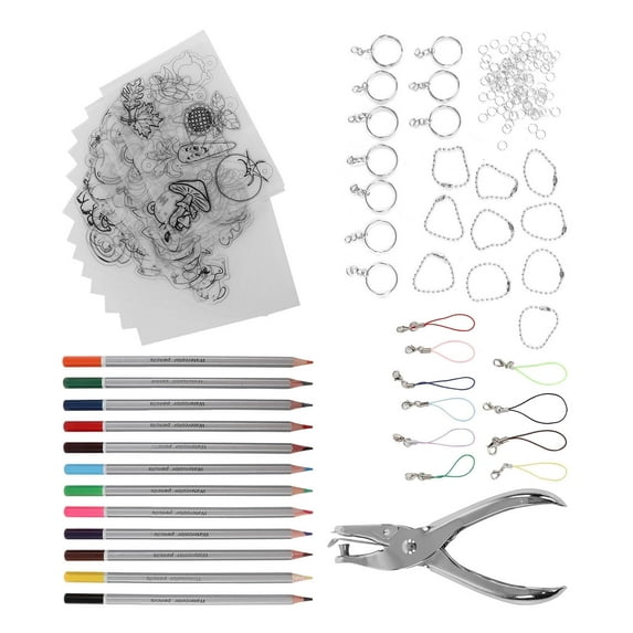 156 Pcs Heat Shrink Sheets Kits for , Including 13 Pcs Plastic Shrinky Paper Film, 130 Pcs Pendant Jewelry Keychains, Hole Punch, 12 Pcs Colored Pencils, Holiday Gift Craft
