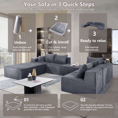 156" U-Shaped Modular Sectional Sofa with Convertible Bed – Luxury 8-Piece Corduroy Cloud Couch, Oversized Chaise Lounge & No Assembly Required for Family Living Rooms