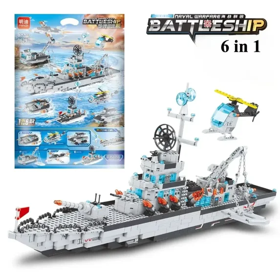 1560pcs 6 IN 1 Military Navy Ship Sets Building Blocks War Army Boat Plane Model Toys for Boys Bricks Toys Christmas Gifts