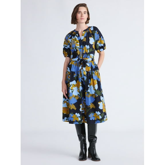 Free Assembly Women's and Women's Plus Cotton Midi Dress with Puff Sleeves, Sizes XS-4X
