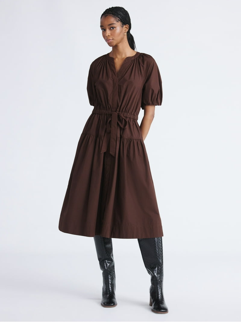 Free Assembly Women's and Women's Plus Cotton Midi Dress with Puff