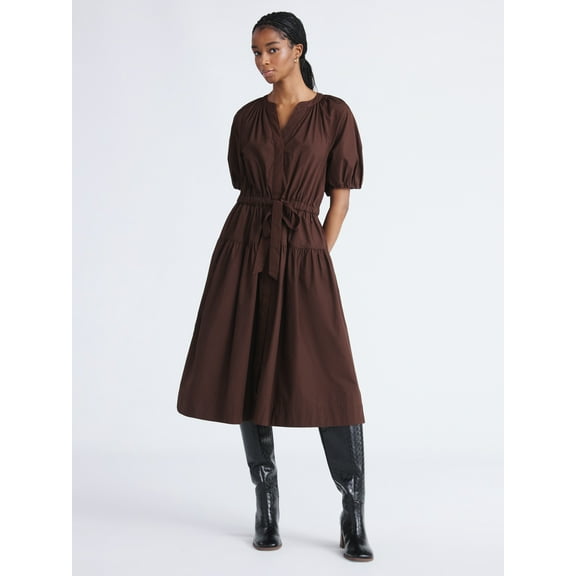 Free Assembly Women's and Women's Plus Cotton Midi Dress with Puff Sleeves, Sizes XS-4X