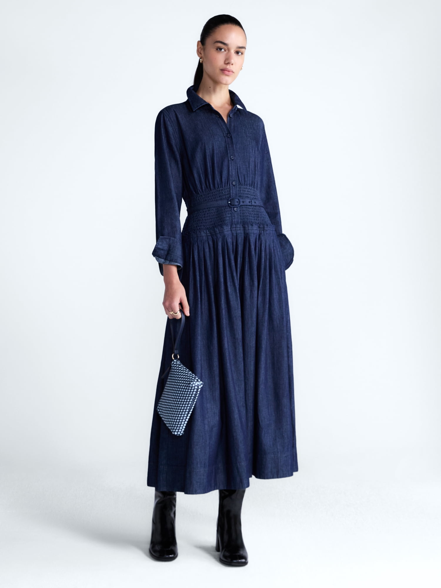 Free Assembly Women's Belted Smocked Waist Denim Midi Shirtdress, Sizes XS-XXL