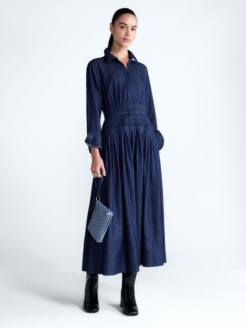 walmart blue jean dress Free Assembly Women's Belted Smocked Waist Denim Midi Shirtdress, Sizes XS-XXL this easy style easily weekend-getaway A Line V Neck Filling:Vanilla Bean Butter Cream