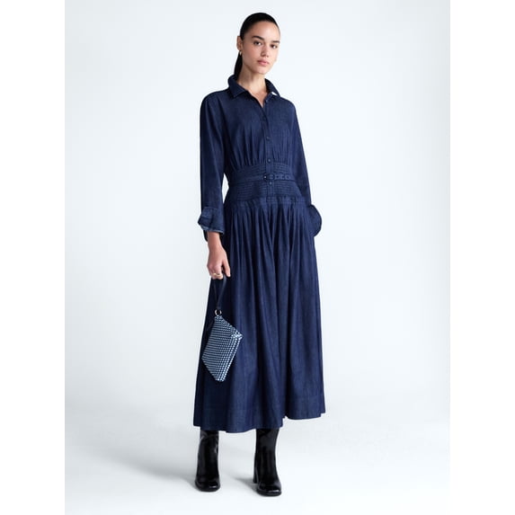 Free Assembly Women's Belted Smocked Waist Denim Midi Shirtdress, Sizes XS-XXL