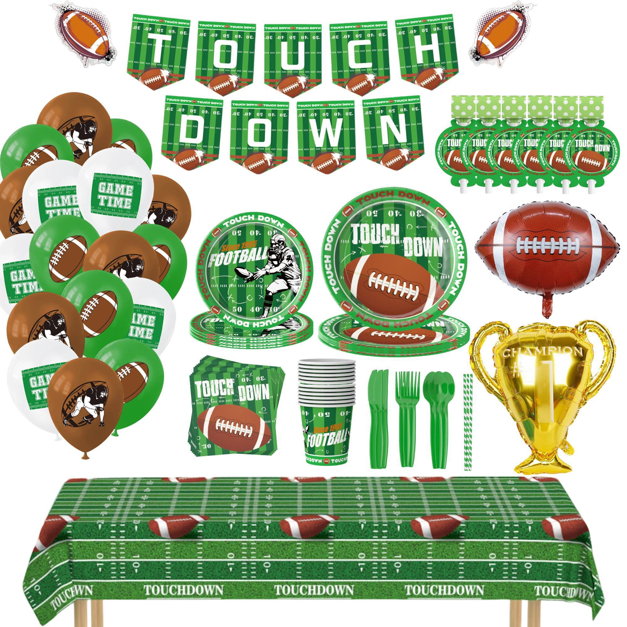 156PCS Football Party Supplies Kit Serve 16, Football Party Paper Plates Napkins Touchdown Tablecloth Cups Banner Fork knives for Football Game Themed Birthday Sport Party Decorations
