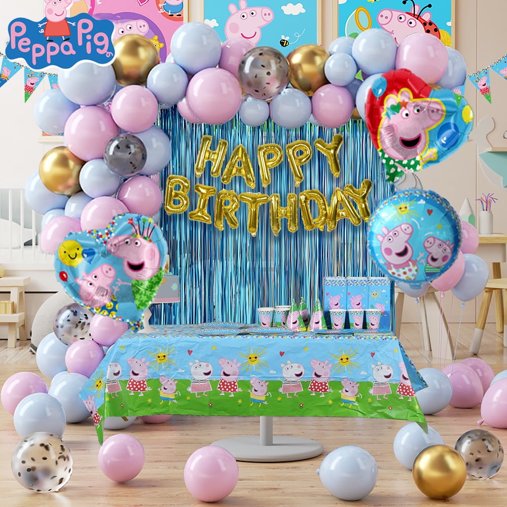 156PCS Peppa Pig Tableware and Balloon Set Plates Cups Napkins Balloons Gift Bags Party Hats Banners Tablecloth Confetti Stickers Pink Theme Birthday Decoration Supplies