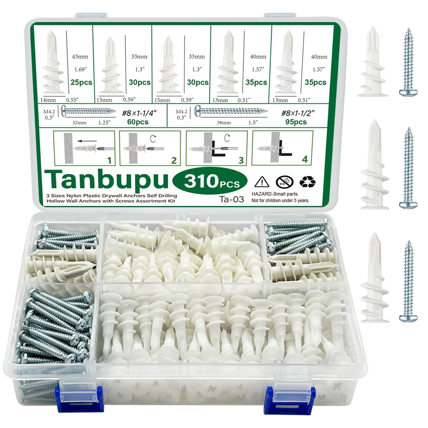 156PCS Self Drilling Drywall Anchors and Screws for Drywall,3 Sizes Nylon Plastic Wall Anchors,13x42mm,15x33mm, 10x33mm,No Pre Drill Hole Preparation Required
