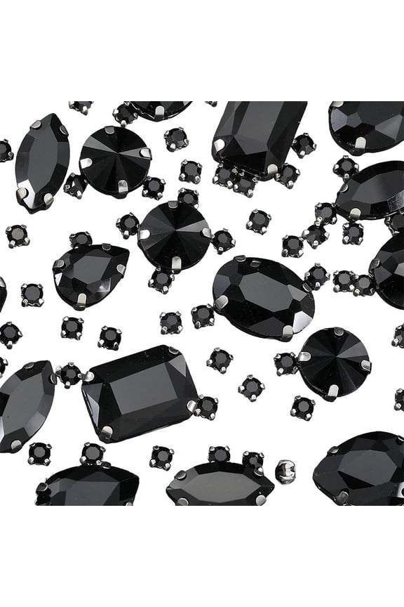 156Pcs 7 Styles Black Glass Sew on Rhinestones Prong Set Crystals Jet Flatback Claw Faceted Small Rectangle Round Teardrop Gems Accessories for