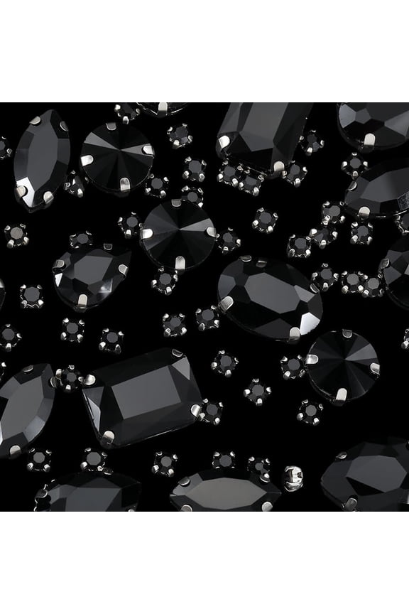 156Pcs 7 Styles Black Glass Sew on Rhinestones Prong Set Crystals Jet Flatback Claw Faceted Small Rectangle Round Teardrop Gems Accessories