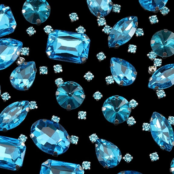 156Pcs 7 Styles Blue Sew on Gems Claw Back Rhinestones Metal Prong Set Aquamarine Small Faceted Rectangle Round Teardrop Crystals Accessories