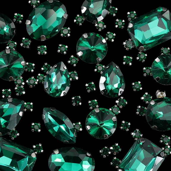 156Pcs 7 Styles Emerald Green Sew on Rhinestones Prong Setting Gems Flatback Claw Faceted Oval Round Teardrop Rectangle Crystals Accessories for