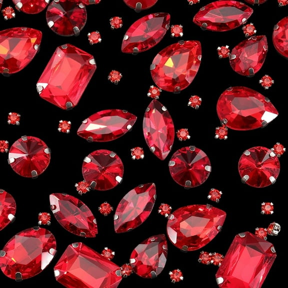 156Pcs 7 Styles Red Claw Back Rhinestones Flatback Sew on Crystals with Prong Set Faceted Glass Round Teardrop Rectangle Light Siam Gems