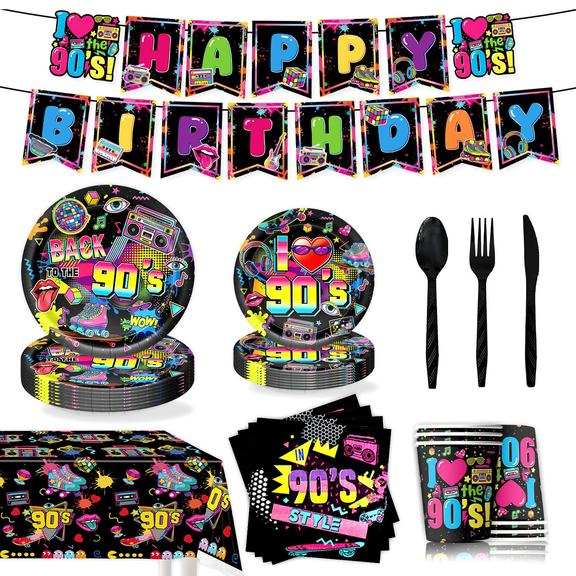 156Pcs 90s Party Decorations Back To The 90's Birthday Party Supplies, 1990s Retro Hip-Hop Party Tableware, Include Plates, Napkins, Cups, Cutlery, Tablecloth, Banner, Serves 20 Guests