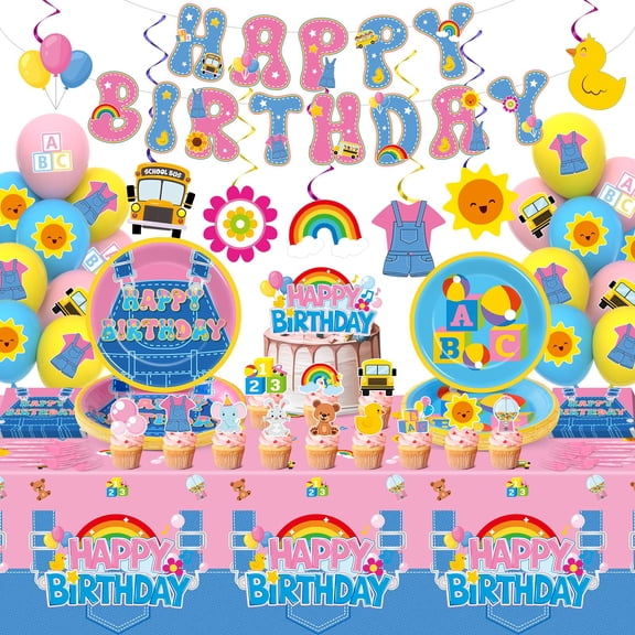 156Pcs Girls Birthday Party Decoration Set Cartoon Teacher Plates and Napkins Happy Birthday Banner Hanging Swirls Cupcake Toppers Tablecloth for Girls Baby Shower English Teacher Party Supplies Y114