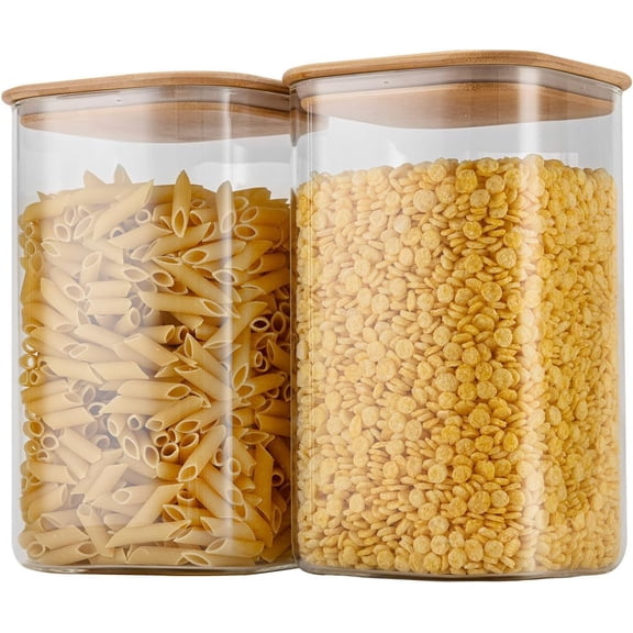 156oz Airtight Glass Square Storage Canister with Bamboo Lid Set of 2(4600ml*2) Large Gallon Glass Jars for Sugar, Flour, Cookies and Coffee beans (with Black Lable)