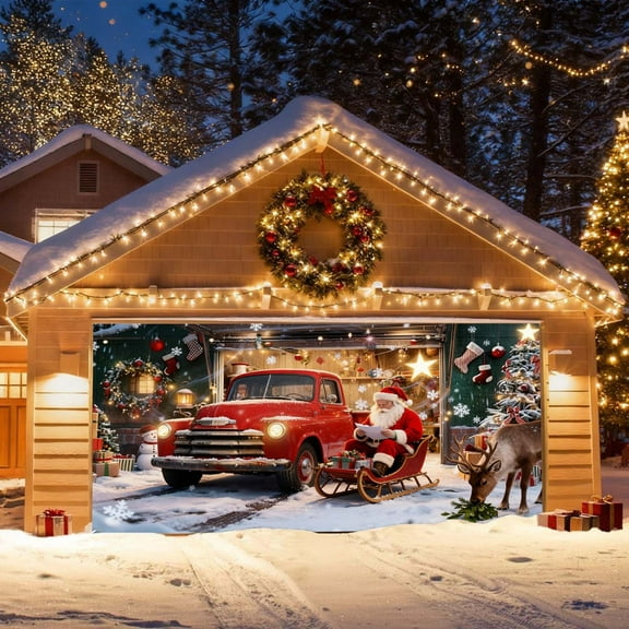 157.48*70.87in Christmas Garage Door Cover, Large Christmas Banner Decorations Hanging Door Photography Decor for Indoor Outdoor House Patio Lawn Party Background(A)