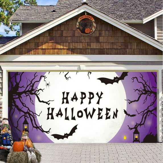 157.48x72.83 Inch Halloween Garage Door Cover Polyester Decorative Cover with Spooky Designs for Outdoor Holiday Decoration (White)