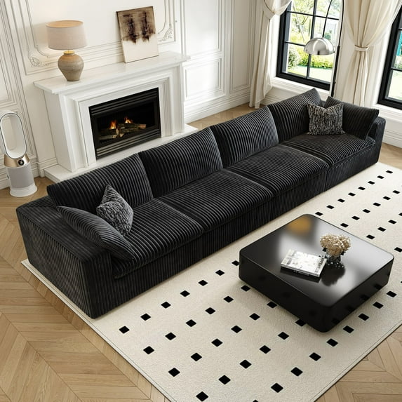 157.5" 4-Seater Cloud Sofa,Modular Sectional Couch,Modern Deep Seat Upholstered Couches with Plush Corduroy Fabric for Living Room Furniture,Bedroom and Apartment,No Assembly Required,Black